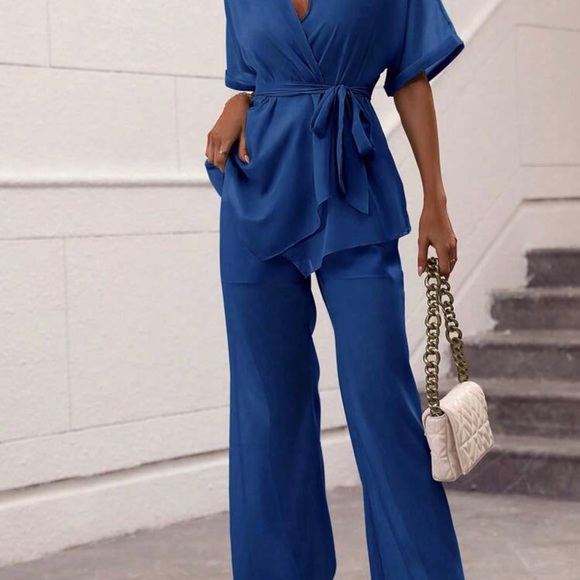 Solid Chiffon Batwing Sleeve Belted Blouse & Wide Leg Pant Suit *NEW* - Picture 3 of 7
